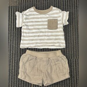Cloud island Beige & Cream Striped Tee with Pocket and Matching Beige Shorts